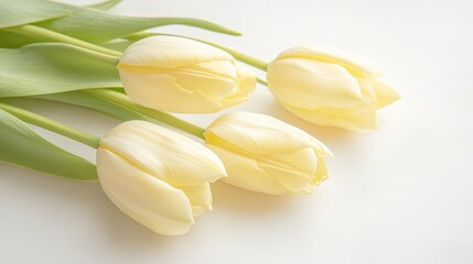 Fototapeta premium Elegant Tulips' Serenity: A close-up shot showcases a cluster of four creamy-white tulips, radiating soft petals. Their presence embodies fresh start