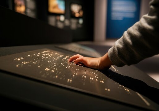 Close-up of a child's hand exploring braille writing on a display, fostering accessibility and inclusive learning in a museum environment