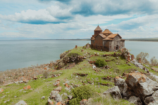 Sevanavank Monastery overlooking Lake Sevan in Armenia during a cloudy day