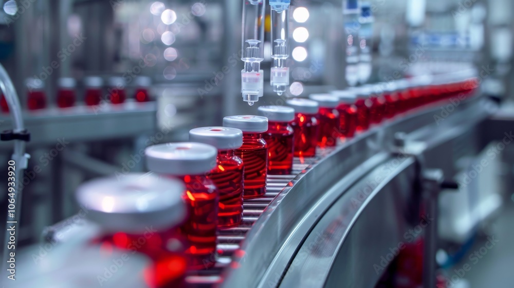 Poster high-tech automated production line in a pharmaceutical factory. bottles filled with red liquid medi