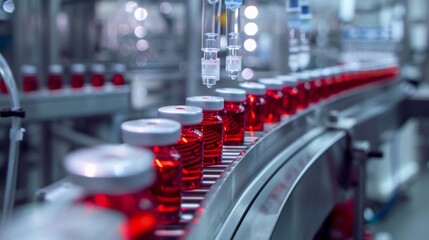 Obraz premium High-tech automated production line in a pharmaceutical factory. Bottles filled with red liquid medicine moving along a conveyor belt. Industrial, pharmaceutical manufacturing concept.