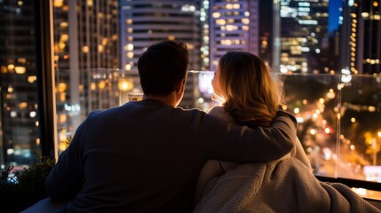 Couple enjoying a cozy evening with city views from their balcony while holding drinks during twilight hours