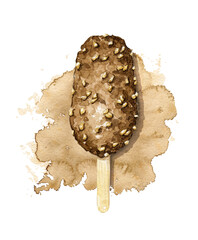 Lolly ice cream in brown chocolate glaze with peanuts on beige background. Watercolor hand drawn illustration