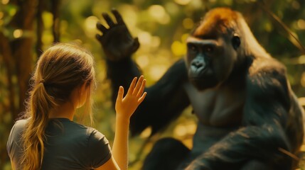 an 18 year old girl with a sad face is waving goodbye to a gorilla
