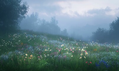 Misty morning field with colorful wildflowers.