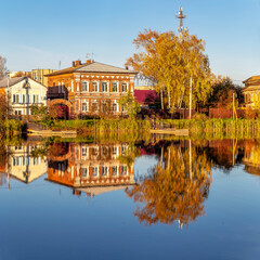 Bogorodsk, Nizhny Novgorod region, Russia, Street view of an ancient provincial Russian city on the shore of a lake on a summer evening. An ancient building of artisans, an architectural monument.