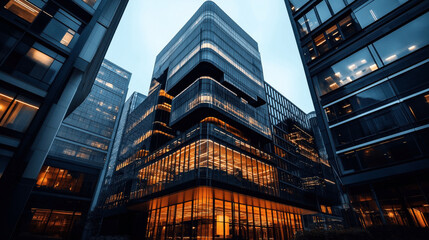 Fototapeta premium Modern urban architecture featuring illuminated glass buildings with reflective surfaces at twilight, highlighting advanced city infrastructure and contemporary design.