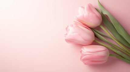 Fototapeta premium Gentle Blooms: Delicate pink tulips, a symbol of spring, sit beautifully, their petals unfurling, creating a sense of fresh beginning and romance.
