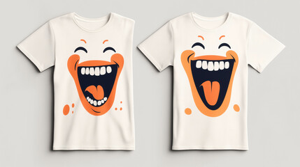 Two light-colored T-shirts featuring large, cartoon-style smiling faces with exaggerated expressions, showing teeth and tongues, designed with bold orange and black colors.