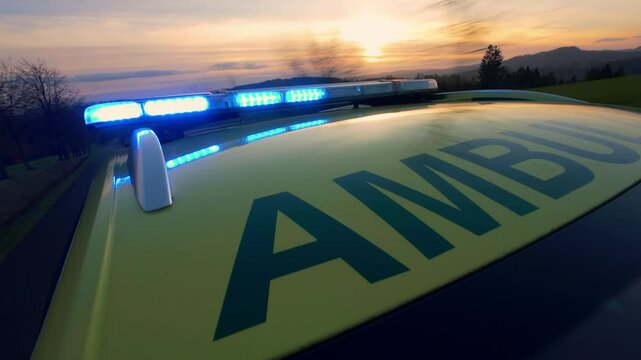 Close-up of red and blue lights on roof of ambulance car of emergency medical service on road sunset. Themes health care, rescue, accidents and disasters.
