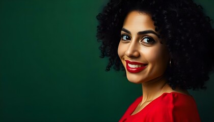 Fototapeta premium Hispanic woman in a Christmas festive red dress and gold earrings isolated on a deep green background with copy space