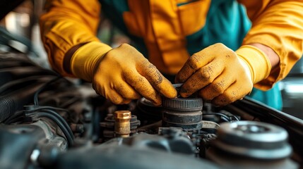 Mechanic working on the engine of a car in a garage, highlighting the technical skills and hands-on expertise required in auto repair