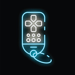 Bright neon icon of modern gamepad keychain glowing on black background © ylivdesign