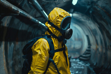 Obraz premium Generative AI Image of a Man in Protective Suit Inside a Shelter Underground Tunnel for Safety or Contamination Protection