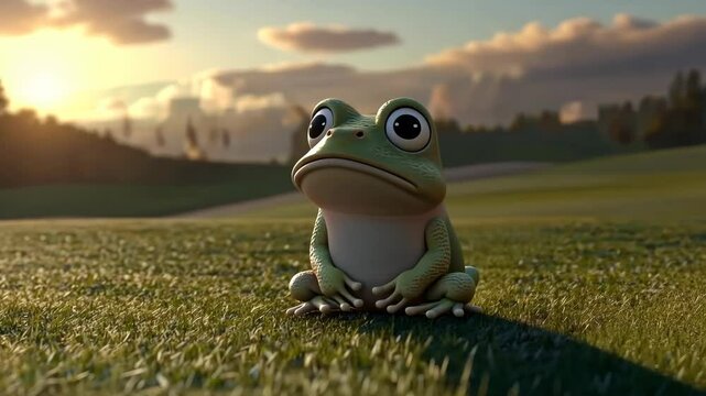 A small frog sits on a grassy field, looking up at the cloudy sunset
