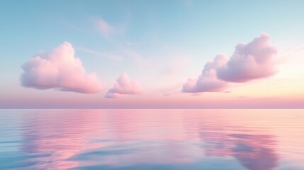 Serene Waterscape: Capturing the tranquility of dawn or dusk with puffy pink clouds reflected perfectly in calm water, evoking feelings of peace and endless possibilities.