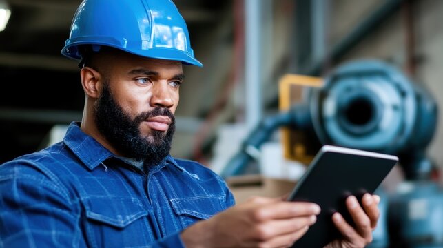 Engineer with a digital tablet examining robotic systems in a factory, symbolizing the integration of digital monitoring in modern manufacturing processes