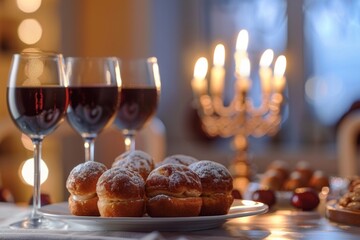 Obraz premium Cozy holiday evening with wine, pastries, and candlelight ambiance