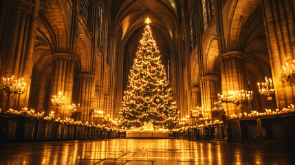 Fototapeta premium A majestic Christmas tree in a cathedral, illuminated by candles.