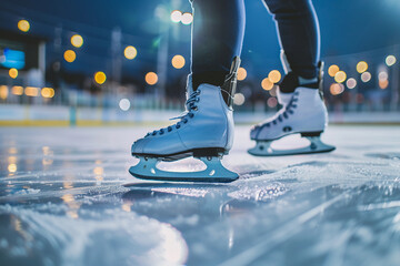 Woman wearing ice skates standing on ice rink surface generative ai