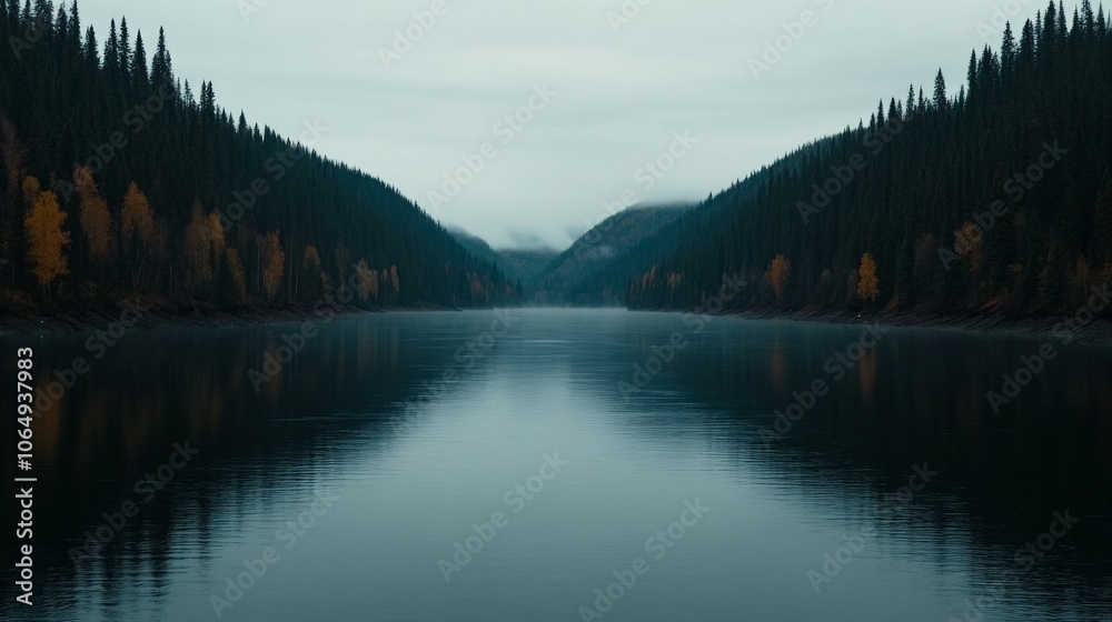 Wall mural Serene Lake in Misty Mountains 