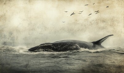Obraz premium A whale breaches the water, birds fly overhead.