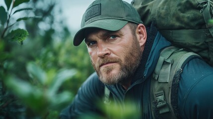 Fototapeta premium Hiker lost in a dense forest, emphasizing the dangers of being stranded in the wilderness without proper equipment