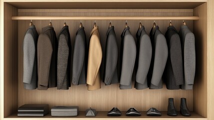 Naklejka premium Stylish Jackets in a Modern Wooden Wardrobe