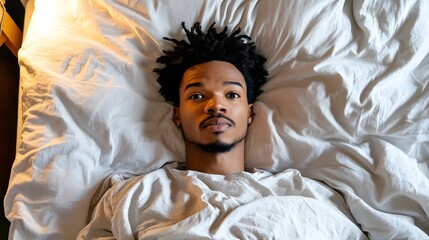 Man lying in bed with wide-open eyes, showing deep concern and fatigue, unable to sleep in dimly lit room with soft glow from nightstand lamp