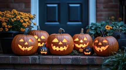 Obraz premium Pumpkins carved into jack-o-lanterns glowing on a porch, symbolizing the spooky and festive atmosphere of Halloween
