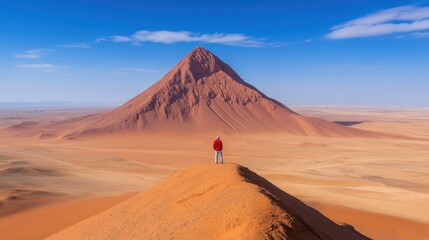 In a breathtaking desert landscape, an individual stands atop a sand dune, admiring the grandeur of a majestic mountain. The bright blue sky enhances the serene ambiance