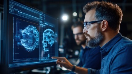 An expert analyzes complex data visualizations of brain-like structures on a large monitor. The dimly lit lab enhances the focus on their intense concentration and technical skills