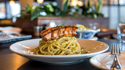 A plate of al dente pesto spaghetti topped with perfectly grilled unagi, set on a rustic wooden table in a cozy restaurant ambiance. 