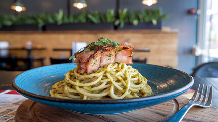 A plate of al dente pesto spaghetti topped with perfectly grilled unagi, set on a rustic wooden table in a cozy restaurant ambiance. 