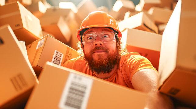 Drowning in Packages: A humorous image of a man buried in cardboard boxes, conveying the overwhelming yet oddly satisfying feeling of a busy shipping warehouse.  