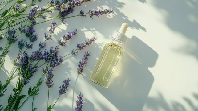 A glass bottle filled with lavender essence stands elegantly next to vibrant lavender sprigs, creating a soothing and aromatic visual display perfect for wellness and relaxation.