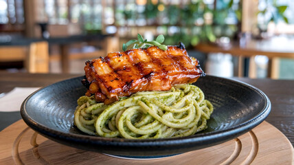 A plate of al dente pesto spaghetti topped with perfectly grilled unagi, set on a rustic wooden table in a cozy restaurant ambiance. 