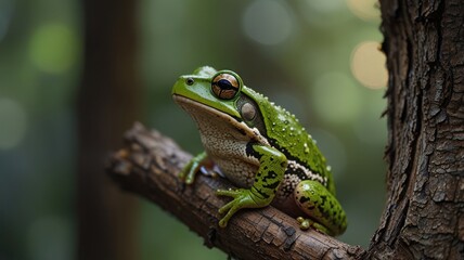 Obraz premium a vibrant green frog perched on a tree branch, its skin glistening with moisture. The frog's large, bulging eyes and wide smile give it a curious and friendly expression.