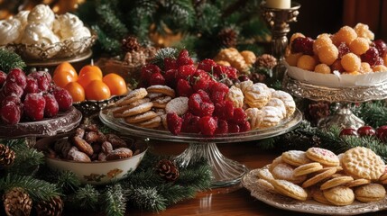 A festive holiday spread with sugared fruits, cookies, and stock photo