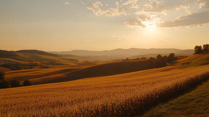 Obraz premium A majestic view of rolling hills covered in corn, showcasing the beauty of rural agriculture.A majestic view of rolling hills covered in corn, showcasing the beauty of rural agriculture.