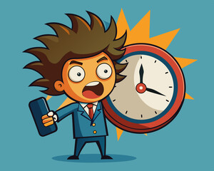 Cartoon Man Holding Large Clock – Time Management and Deadline Concept Illustration