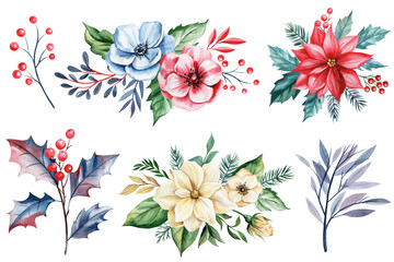 festive watercolor collection of red flowers, green leaves and winter elements for holiday invitation, seasonal branding