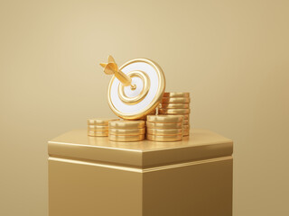 Stack coins on pedestal stand darts target planning vision business financial best performance growth marketing focus economy goal successful on gold background. 3d render illustration