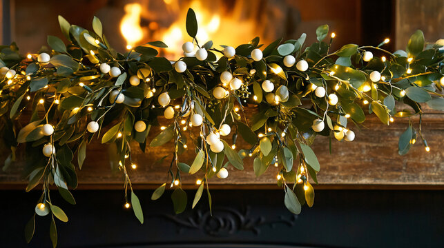 A mistletoe garland draped elegantly across a fireplace mantle.A mistletoe garland draped elegantly across a fireplace mantle.