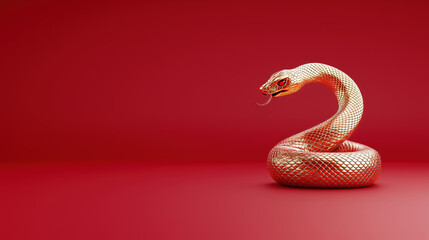Obraz premium A shiny, golden snake coiled on a vibrant red background, symbolizing elegance and danger in a visually striking composition.