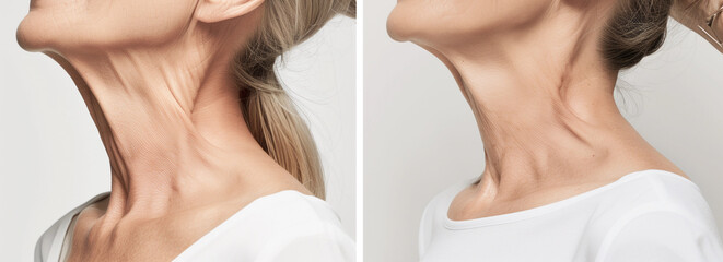 Before after neck lift jowls firming tightening antiaging treatment skin clinic mature woman cosmetic threading hifu serum aesthetic glow transformation skincare beauty wellness banner closeup