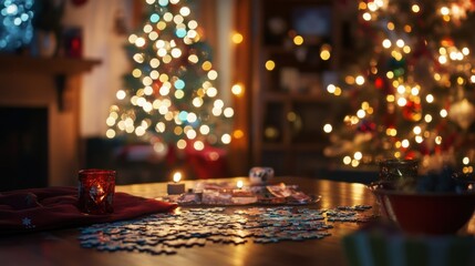 A New Year table set up with puzzles and games, surrounded stock photo