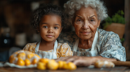 family grandmother and grandchild have fun cooking at home kitchen together, 