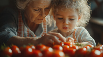 Happy family, grandmother with little granddaughter, preparing pizza together topping it with tomato sauce, vegetables and cheese, sitting at white dining table in bright sunny room
