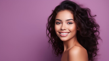 Naklejka premium Portrait of smiling latin american teenage girl with purple background.